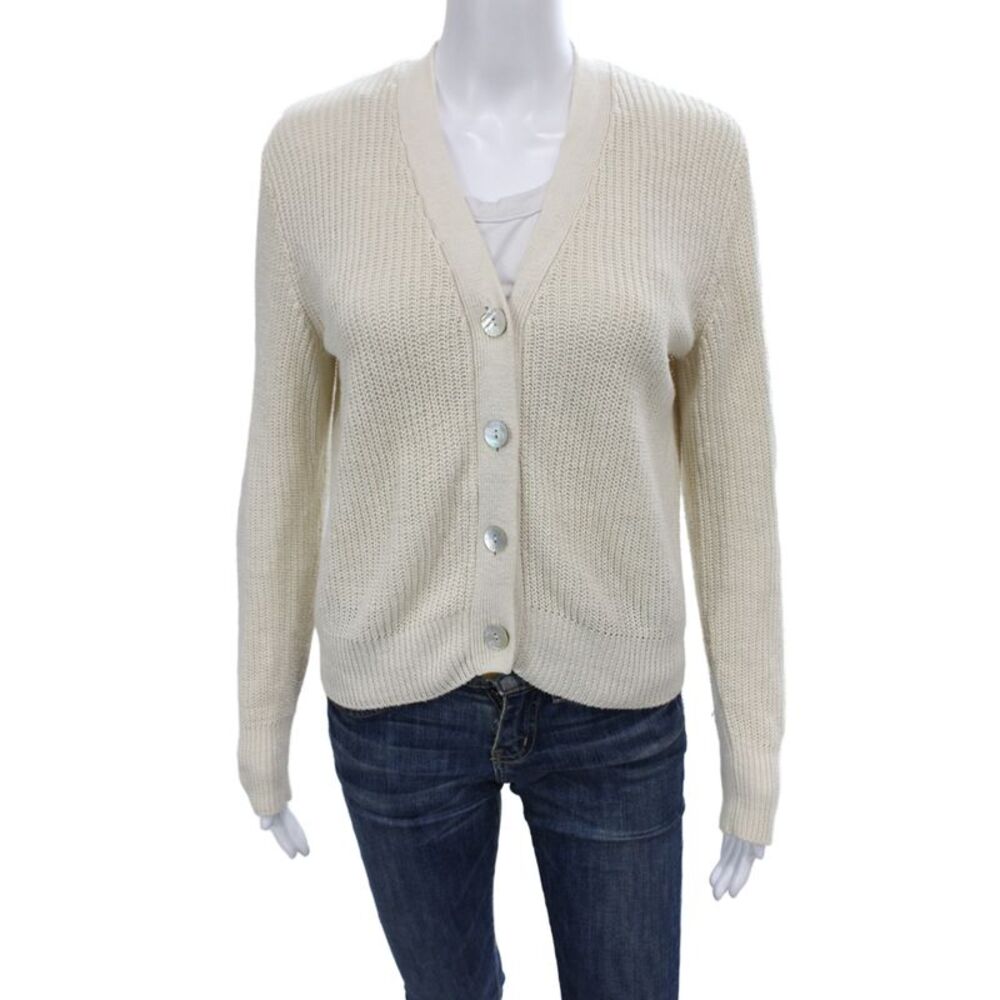 Faherty Womens Cardigan Ivory V Neck Linen Cotton Long Sleeve Size S
